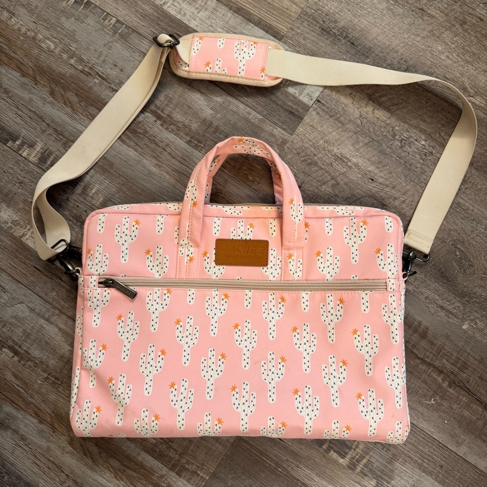 Pink Cactus Print Women's Laptop Bag with Shoulder Strap